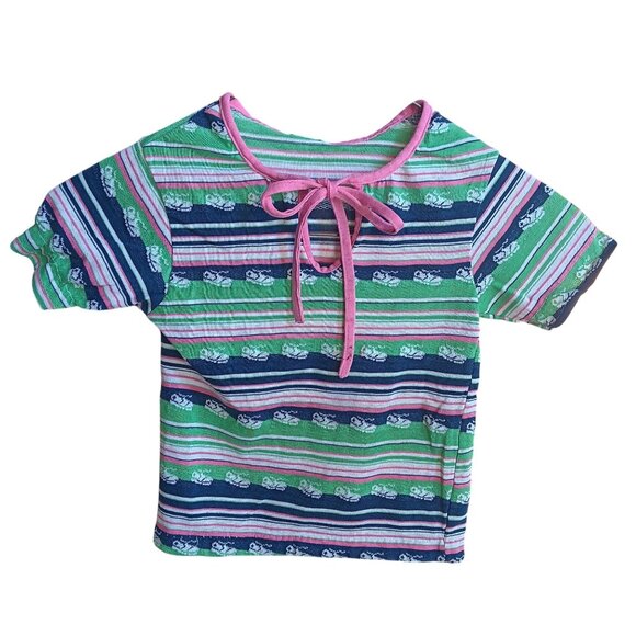 Girls 4 Vintage 70s Striped T-shirt Top Pink Tie Green/Blue/Pink Sneaker Print - Picture 1 of 6